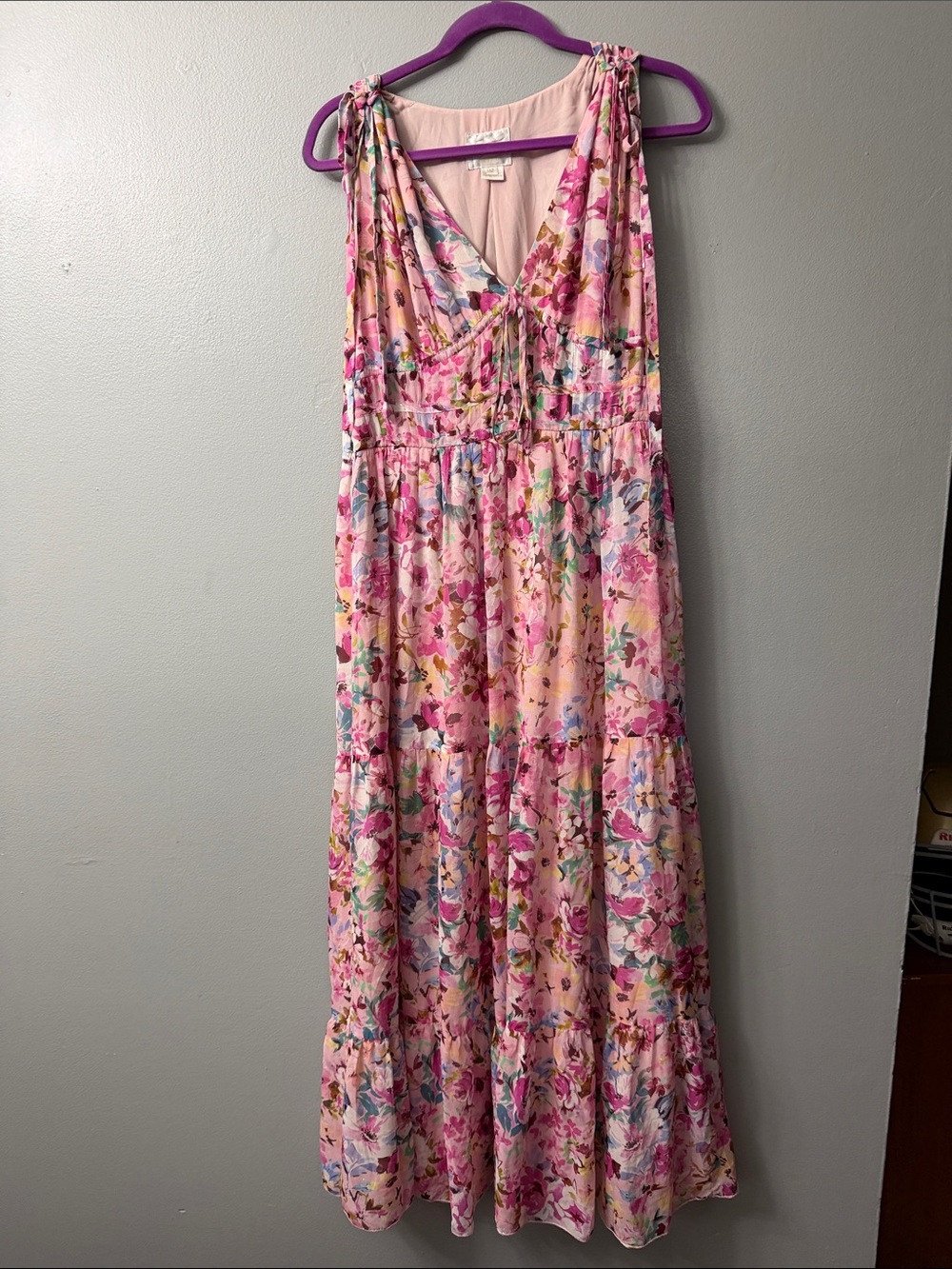 Shoshanna Zahra Silk Floral Tiered Maxi Gown Metallic Tie Sleeve Dress 12